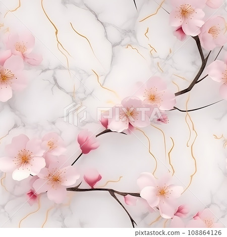 Elegant floral seamless pattern with pink blossoms and golden accents on a white marble texture, sophisticated for luxury designs Elegant floral seamless pattern with pink blossoms and golden accents on a white marble texture, sophisticated for luxury designs 108864126
