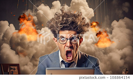 Dramatic reaction of an office worker with a fiery explosion backdrop, portraying intense work pressure, stress or crisis 108864154