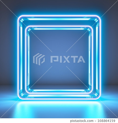 Futuristic neon square frame glowing in cool blue tones on a sleek dark background 108864159