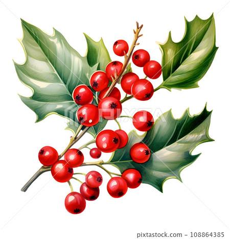 Vibrant red holly berries with lush green leaves, a symbol of Christmas cheer, watercolor illustration on white background 108864385