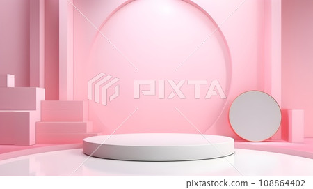 Minimalist pink interior with cylindrical platforms and vertical panels, for product demonstration Minimalist pink interior with cylindrical platforms and vertical panels, for product demonstration 108864402