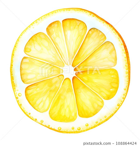 A vibrant close-up of a juicy lemon slice, watercolor on white background, intricate details of the citrus texture and the verdant foliage. 108864424