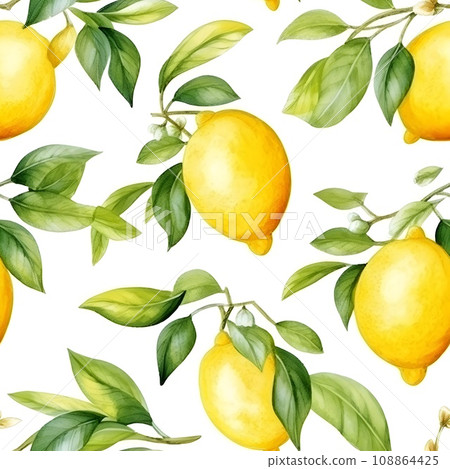 Seamless pattern of fresh and ripe yellow lemons and green leaves on white background, watercolor style Seamless pattern of fresh and ripe yellow lemons and green leaves on white background, watercolor style 108864425