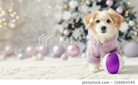 Cute little dog in sweater on bokeh background of Christmas tree. Cute little dog in sweater on bokeh background of Christmas tree. 108864540