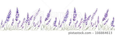 Seamless border of tender watercolor lavender flowers border on transparent background 108864613