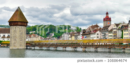 Beautiful historic city of Lucerne with famous Chapel Bridge and Water Tower, Switzerland 108864674