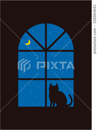 Illustration of a cat peeking out of a room window on a moonlit night 108864681