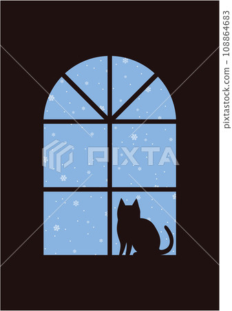 Illustration of a black cat peeking out of the window of a room while it is raining 108864683