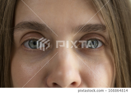 Women's eyes with long eyelashes after lamination. Close-up of the open eyes of a girl with long eyelashes. Close-up of women's eyes Women's eyes with long eyelashes after lamination. Close-up of the open eyes of a girl with long eyelashes. Close-up of women's eyes 108864814