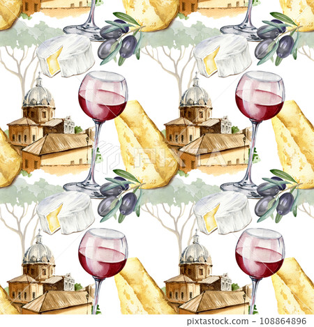 watercolor seamless pattern with wineglass with red wine, Italian and French cheeses, brie, camembert and parmesan, olives fruits on old town scene background, illustration isolated white background watercolor seamless pattern with wineglass with red wine, Italian and French cheeses, brie, camembert and parmesan, olives fruits on old town scene background, illustration isolated white background 108864896