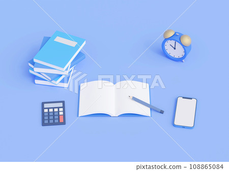 3DCG | Book, notebook, calculator, smartphone, and alarm clock placed on the desk for studying 108865084