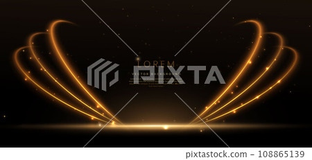 Abstract glowing golden curved lighting effect glitter on black background. Abstract glowing golden curved lighting effect glitter on black background. 108865139