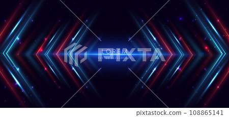 Abstract technology futuristic glowing neon blue and pink wave light lines with speed motion moving on dark blue background. Abstract technology futuristic glowing neon blue and pink wave light lines with speed motion moving on dark blue background. 108865141