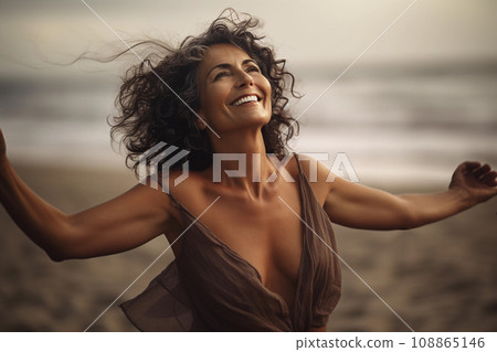 Smiling Middle-Aged Woman Beach Lifestyle Sunshine Generative AI. 108865146