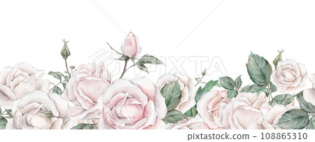 Watercolor seamless frame illustration white creame rose and green leaves isolated on white background. Element hand painted natural plant twigs with ligth pink rose for design 108865310