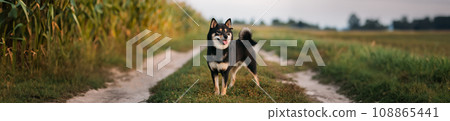 Funny Young Black And Tan Shiba Inu Dog Outdoor In Countryside Road. Panorama, Panoramic View Shot Scene Copy Space 108865441