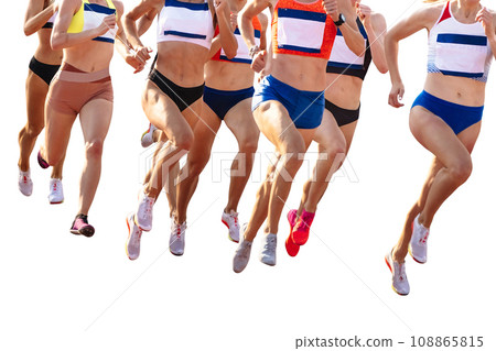 group women runners athletes running 800 metres in summer athletics, isolated on white background group women runners athletes running 800 metres in summer athletics, isolated on white background 108865815