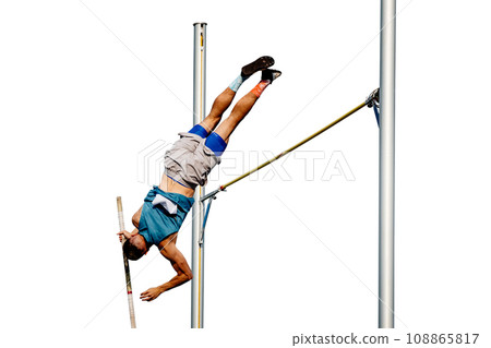 male athlete jumping pole vault in summer athletics championships, isolated on white background male athlete jumping pole vault in summer athletics championships, isolated on white background 108865817