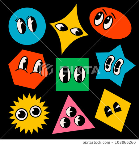 Retro cartoon brutalist shape funny faces. Groovy vintage 30s 60s 70s minimalistic faces with various emotions on abstract shapes Retro cartoon brutalist shape funny faces. Groovy vintage 30s 60s 70s minimalistic faces with various emotions on abstract shapes 108866260