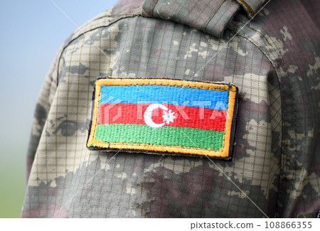 Azerbaijan patch flag on military uniform. Azerbaijan army. Azerbaijani troops Azerbaijan patch flag on military uniform. Azerbaijan army. Azerbaijani troops 108866355