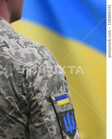 Armed Forces of Ukraine. Ukrainian soldier. Ukrainian in army. Ukrainian flag on military uniform. 108866542