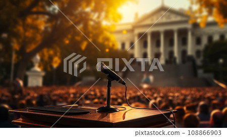Microphone on the podium, preparation for a rally in support of a candidate, podium against the backdrop of people gathering for the rally Microphone on the podium, preparation for a rally in support of a candidate, podium against the backdrop of people gathering for the rally 108866903