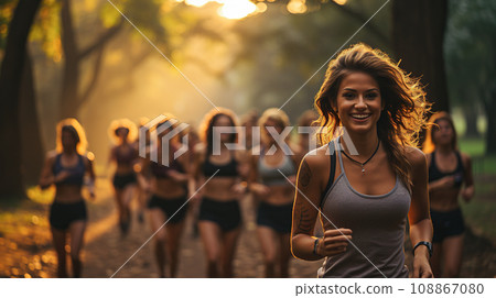 Happy young women jogging together in the park. Healthy girls friends running. Healthy lifestyle concept. Generative Ai. 108867080