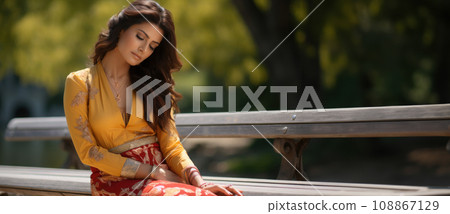 Web banner with a pensive Indo-European woman sitting on a bench looking at her feet and feeling anxiety and loneliness. Depression and sadness of lonely suffering woman Web banner with a pensive Indo-European woman sitting on a bench looking at her feet and feeling anxiety and loneliness. Depression and sadness of lonely suffering woman 108867129