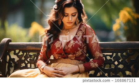 Problems and concerns about women's health, an adult Asian woman with abdominal pain sits alone on a bench in a city park Problems and concerns about women's health, an adult Asian woman with abdominal pain sits alone on a bench in a city park 108867131