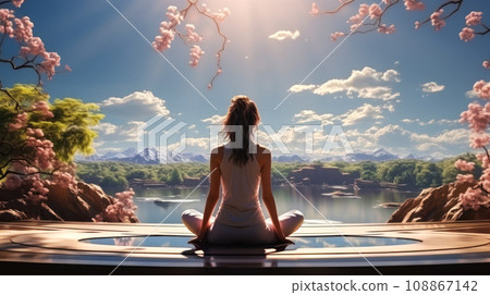 Yoga for health and awareness, young girl meditates on a journey to health and awareness, idea for a postcard or advertisement 108867142