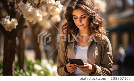 Female student walking around campus reading book on tablet getting ready for classes at university 108867163