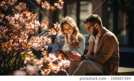 Happy students sitting on a bench on campus talking to each other around campus at sunset with warm light 108867164