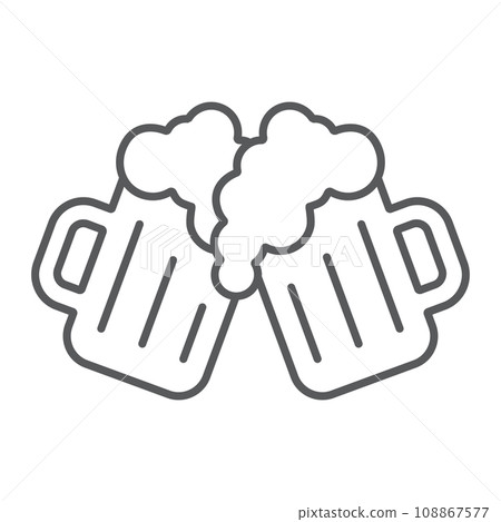 Two glasses of beer thin line icon, st patrick s day and alcohol, toasting beer glasses sign, vector graphics, a linear pattern on a white background, eps 10. 108867577