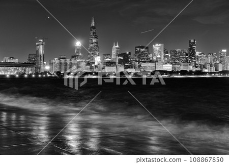 Chicago cityscape and Lake Michigan at night, BW Chicago cityscape and Lake Michigan at night, BW 108867850
