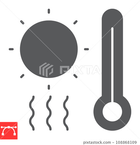 Hot weather glyph icon, climate change and sun with thermometer, heat wave vector icon, vector graphics, editable stroke solid sign, eps 10. 108868109