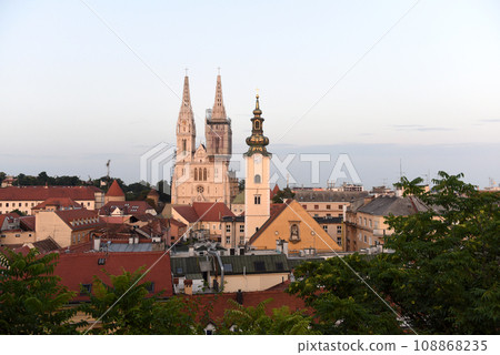 Zagreb cityscape with Zagreb Cathedral and St. Mary Church, Croatia. 108868235