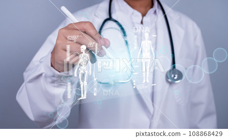 Doctor is using stylus pen touching screen for medical diagnostic analysis on modern virtual screen network connection. Medical technology concept. 108868429