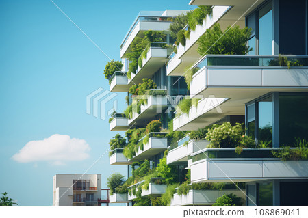 Eco-friendly building in the modern city. Sustainable glass office building with tree for reducing carbon dioxide. Office building with green environment. Corporate building reduce CO2. Generative AI 108869041