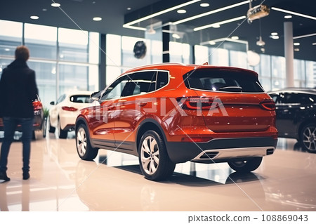 Rear view of luxury SUV in international motor show exhibition. Car dealership office. New car dealer business. Expensive car in showroom. Automotive industry. Luxury car agent. Generative AI. 108869043