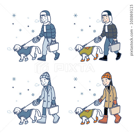 Illustration of a man and woman walking a puppy on a winter day 108869115
