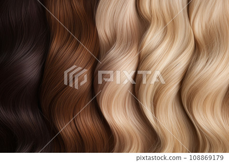 Set of different long shiny hair color. Hair texture background. Generative AI 108869179