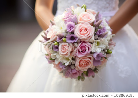 The bride holds soft wedding bouquet of roses, peonies and eustoma. Generative AI The bride holds soft wedding bouquet of roses, peonies and eustoma. Generative AI 108869193