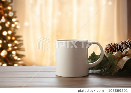 White blank coffee or tea mug with decorated christmas living room in background. Generative AI 108869201