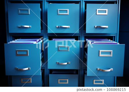 File cabinet with a wide open drawer full of files. Generative AI File cabinet with a wide open drawer full of files. Generative AI 108869215