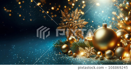 Luxurious banner with copy space for Christmas greeting with bright and shimmering golden sparkling decorative Christmas elements with magical atmosphere bling and bokeh. Generative Ai 108869245