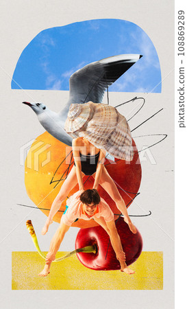 Happy cheerful young people, man and woman playing and having fun on beach over abstract background. Contemporary art collage. Happy cheerful young people, man and woman playing and having fun on beach over abstract background. Contemporary art collage. 108869289