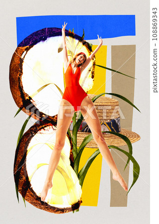 Happy beautiful young woman in red swimming suit cheerfully jumping over abstract background with coconut. Contemporary art collage. Happy beautiful young woman in red swimming suit cheerfully jumping over abstract background with coconut. Contemporary art collage. 108869343