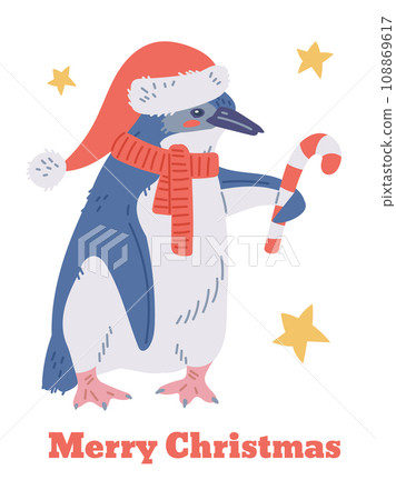 Christmas card, penguin in hat and with candy, vector isolated on white. Christmas card, penguin in hat and with candy, vector isolated on white. 108869617