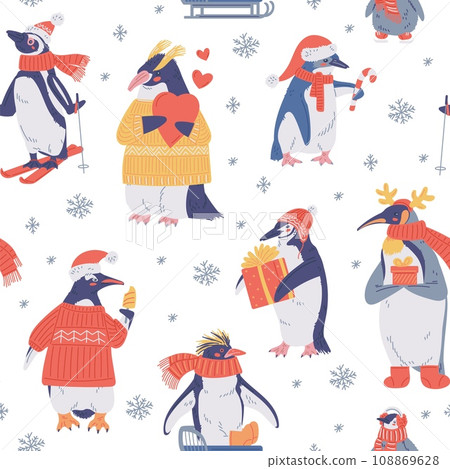 Seamless pattern with cute penguins in winter, vector illustration. 108869628