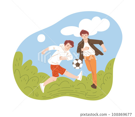 Two young men play football, vector illustration isolated on white Two young men play football, vector illustration isolated on white 108869677